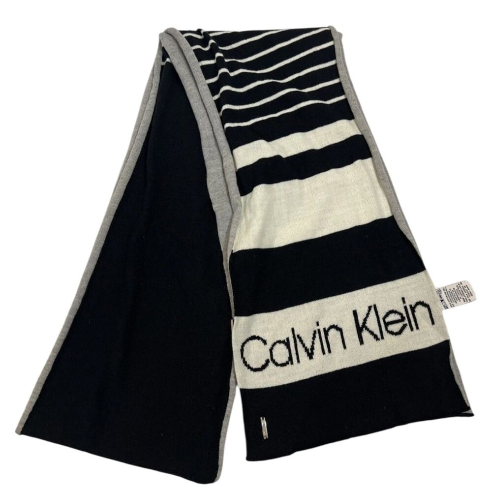Knit Scarf Calvin Klein Logo Striped Black Gray Unisex Winter 9x82 Minimalist